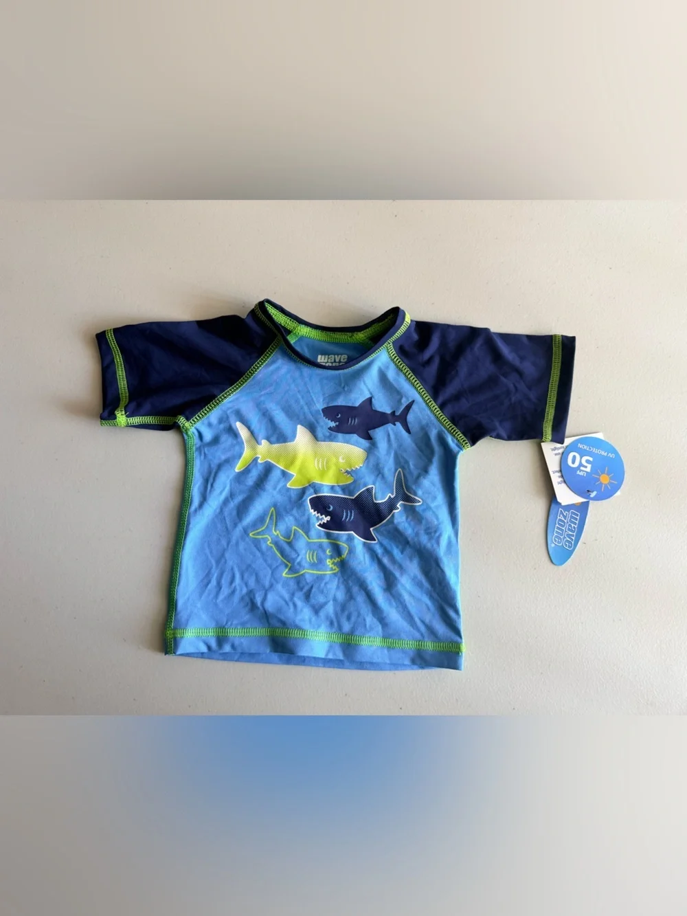 Wave Zone Kids Blue Shark Rash Guard Swim Shirt. Size 3-6 Months